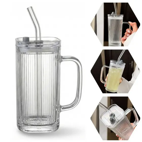 Copo de Vidro com Tampa e Canudo de Vidro 250ml Quadrado com Alça