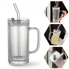 Copo de Vidro com Tampa e Canudo de Vidro 250ml Quadrado com Alça