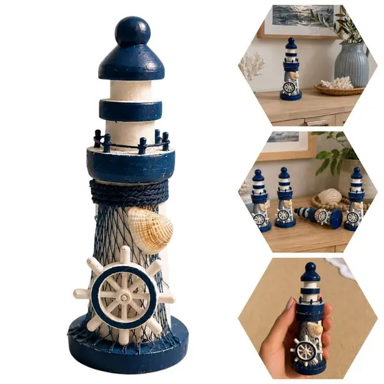 Farol Decorativo Nautico Marinheiro Madeira Azul Branco Com Rede Concha Praia Mesa 13cm