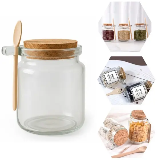 KIT 6 Potes Com Colher De Bambu Vidro 220ML Vedação Cortiça Porta Temperos Sal Açúcar Mel Resistente
