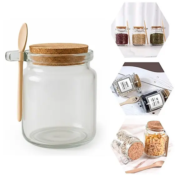 KIT 12 Potes Com Colher De Bambu Vidro 220ML Vedação Cortiça Porta Temperos Açúcar Mel Resistente