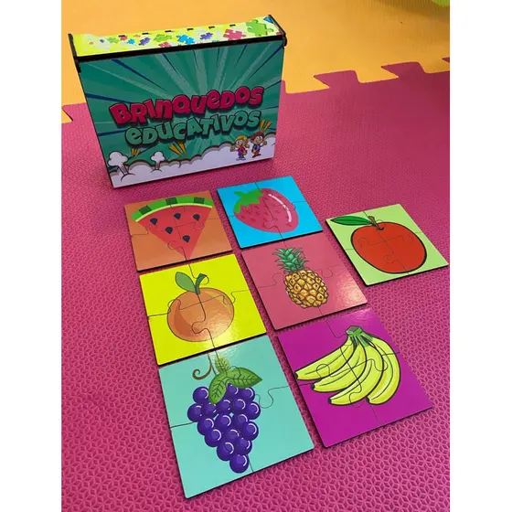 kit quebra cabeça 10cm 7 peças Frutas MDF + Caixinha Brinde