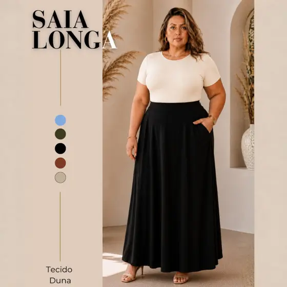 Saia Longa Plus Size Duna Casual Moda Evangélica Feminina Moderna Elegante Tamanho Grande Elástico Nas Costas