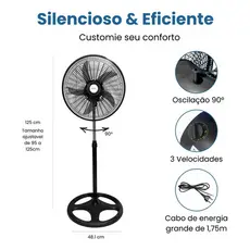  Ventilador Coluna Pedestal 50cm 5pás Silencioso Preto 127v Preto Plástico 