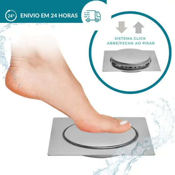 Ralo Click Inteligente 10x10cm Cromado Inox Banheiro Veda Cheiro e Insetos