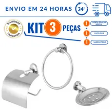 Kit Stander 3 Peças Pra Banheiro: Saboneteira em Inox Papeleira Com Tampa Porta Toalha Argola Rosto