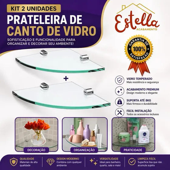Kit 2 Vidro Canto - Porta Shampoo/ Prateleira Incolor