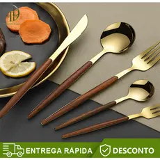 Kit 24 Jogo De Aço Inox Dourado Cabo Estampa Madeira Organic para uso doméstico, reuniões e celebrações de Natal