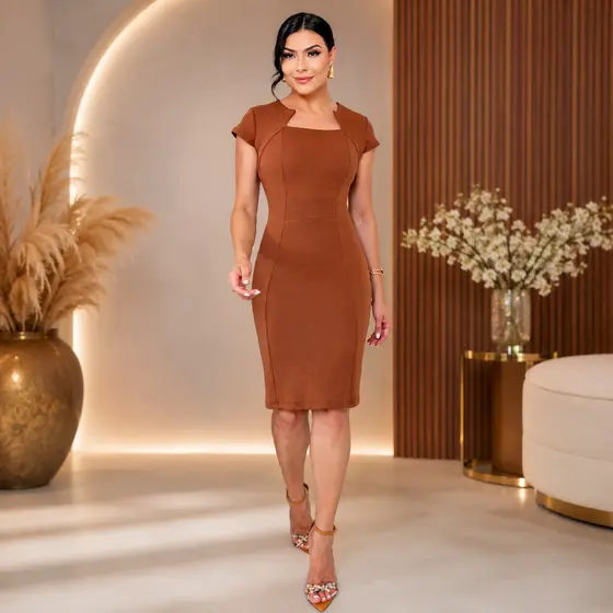 Vestido Feminino Tubinho midi Gola Inverse V moda evangelica feminina- Tendencia  Casual Chic