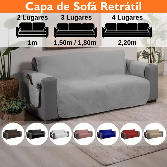 Capa de Sofá 2 3 4 Lugares Retrátil para 1,00 1,50 1,80 2,20m Protetor Matelada com Porta Objetos
