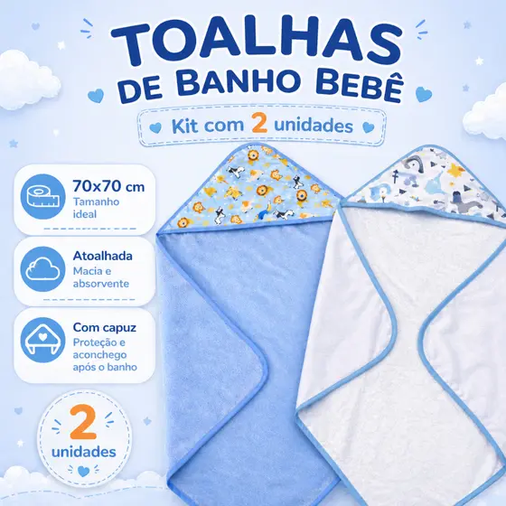 Kit 2 Toalhas de Banho Bebê com Capuz 70x70 Macia Atoalhada Alta Absorção Enxoval
