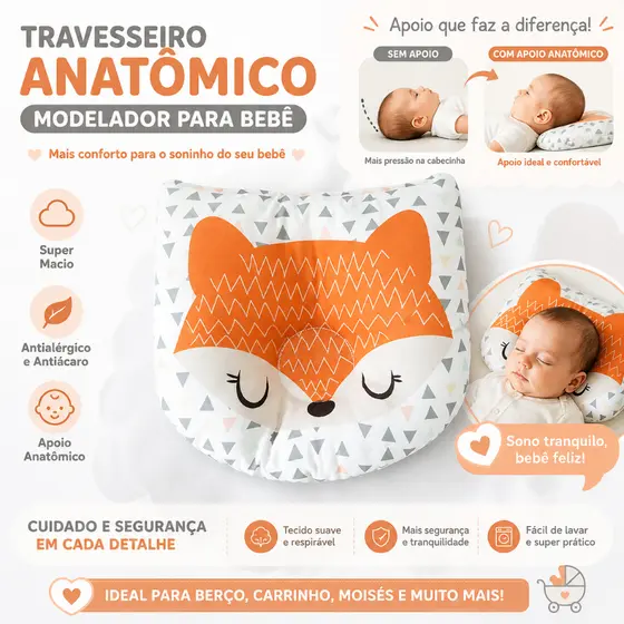 Travesseiro Modelador de Cabeça Bebê RN Anatômico | Apoio Ergonômico | Super Macio Antialérgico | Conforto e Segurança