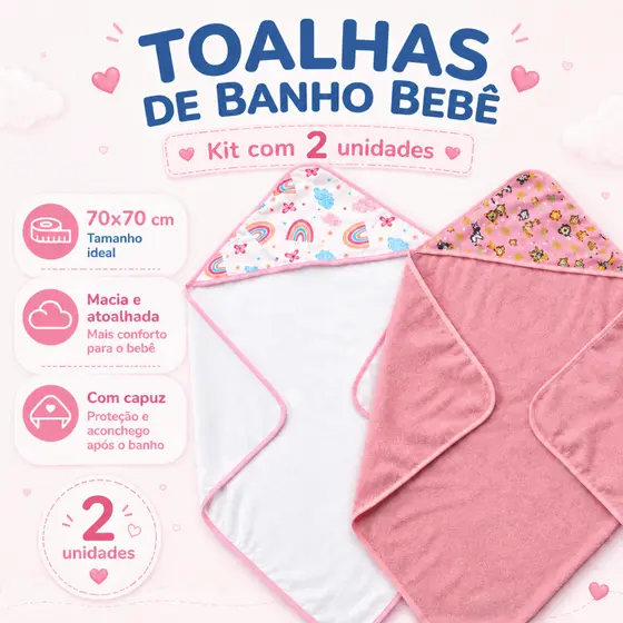 Kit 2 Toalha Bebê Capuz 70x70 Macia Atoalhada Alta Absorção Enxoval Promoção