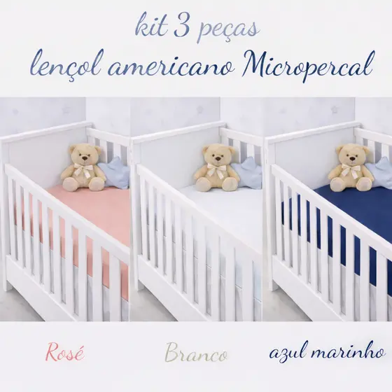 Kit 3 Peças Lençol Berço Americano Micropercal | Macio, Ajuste Perfeito e Antialérgico