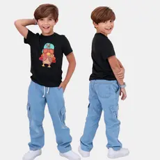Calça Jeans Cargo Infantil Masculina Wide Leg com Cordão e Bolsos Laterais
