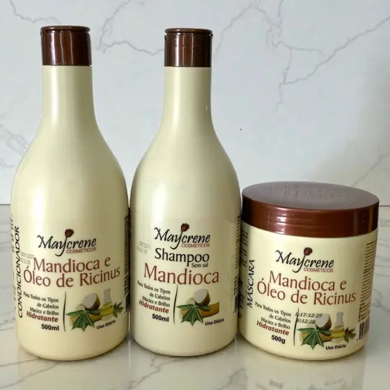 Kit Shampoo - Condicionador e Mascara Capilar Mandioca Maycrene Hidratante Restaurador Capilar