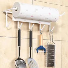 Suporte De Parede Porta Papel Toalha Com 5 Ganchos Metal Multiuso Cozinha Banheiro