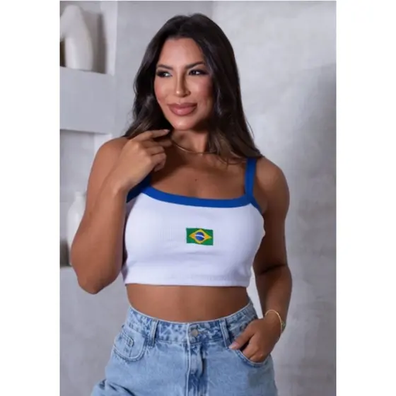 Camisa Do Brasil Bordada Regata Tecido Canelado Alça Fina Feminina