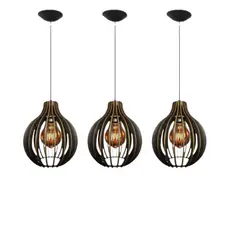 kit 3 Luminária Teto Rustica Lustre Pendente De Madeira Moderno Preto - 3Cqp/Sf