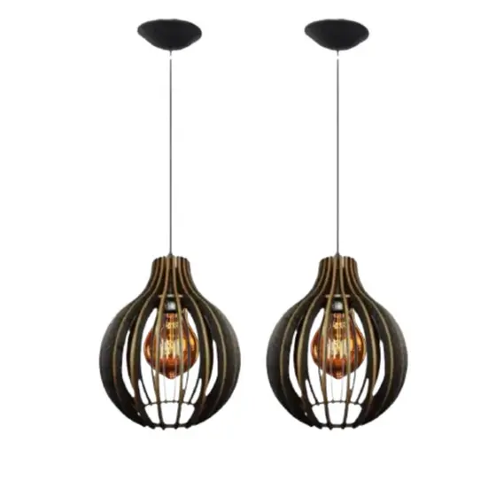 kit 2 Luminária Teto Rustica Lustre Pendente De Madeira Moderno Preto - 2Cqp/Sf