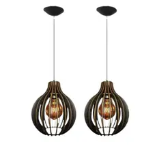 kit 2 Luminária Teto Rustica Lustre Pendente De Madeira Moderno Preto - 2Cqp/Sf