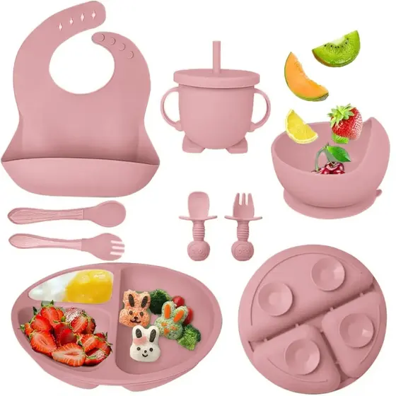 kit 8/6 Peças Talheres alimentação bebê silicone kit Talheres Infantil Com Ventosa Canudo Colher Babador Garfo