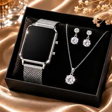 Relógio Digital LED Feminino Pulseira Silicone Kit Colar Brincos Caixa Presente