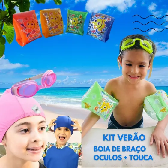 Kit Natação Piscina Verão Boia de Braço Infantil + Óculos Natação Protetor de Ouvidos Verão Piscina