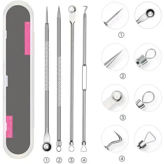 Kit 04 Extrator Remoção de Cravos e Espinha Removedor De Cravos Ponta Dupla com Pinça/Extrator/Agulha
