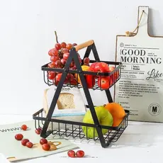 Fruteira de Mesa 35cm Cesta Frutas de Aramado 2 Andares Organizador Multiuso Premium Cabo de Madeira