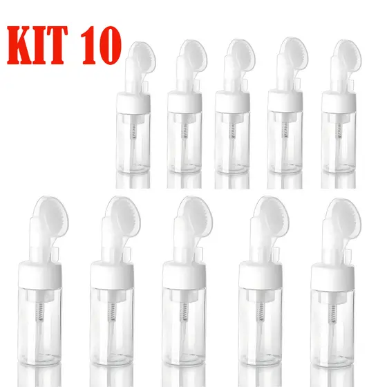 Kit 10 Frasco Pump Espumador Escova Silicone Macia Limpeza Facial 100ml