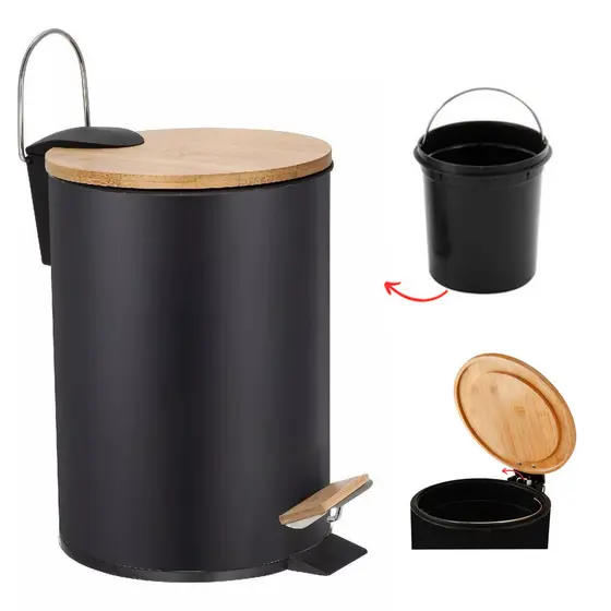 Lixeira De Pedal Tampa Bambu C/ Amortecedor 12 Litros Preta