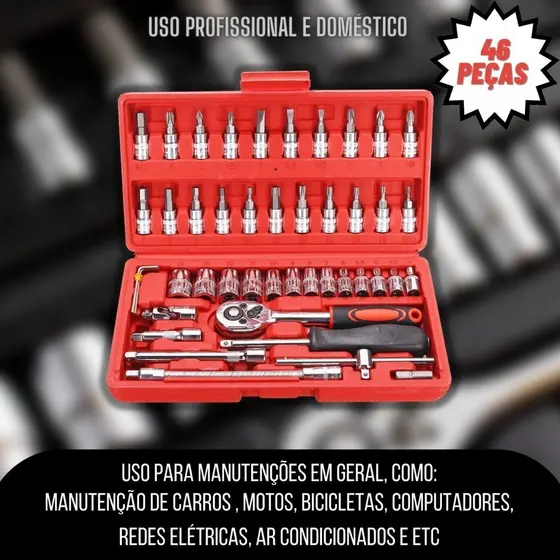 Kit Caixa De Ferramentas Catraca 46 Peças Carro Bicicleta Moto