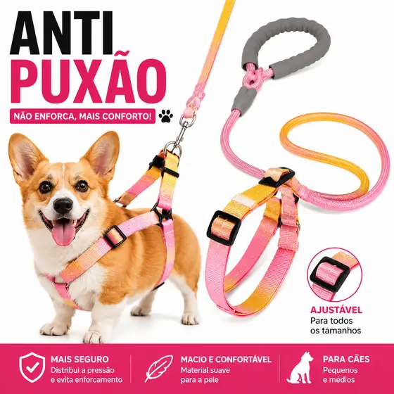 Coleira e Guia com Amortecedor e Pegador Peitoral Ajustável Para Pets Cachorros e Gatos Colorido