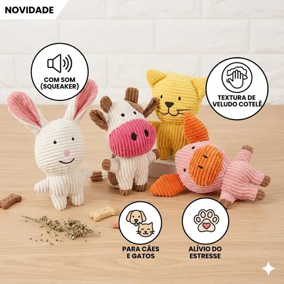 Brinquedo Pet Mordedor Pelúcia com Som Resistente Veludo Cotelê p/ Cães e Gatos Animais Fofos Interativo Antiestresse