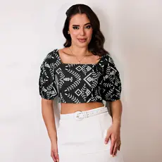 Cropped Estampado manga bufante abertura/com Bojo Fixo e Elastico nas costas S8159