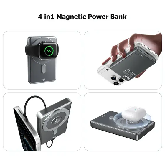 Power Bank Magnético 10000mAh em Alumínio com Carregador para Apple Watch e iPhone