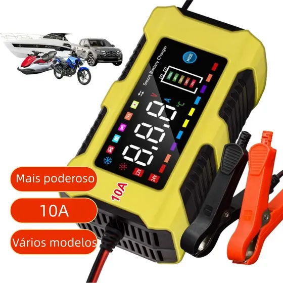 Carregador de Bateria 10A Inteligente Automático 12V  Moto Carro Barco Potente