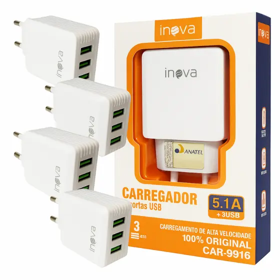 Kit 4 Fontes De Carregador de Celular Multi Porta 3 Entradas USB Fonter