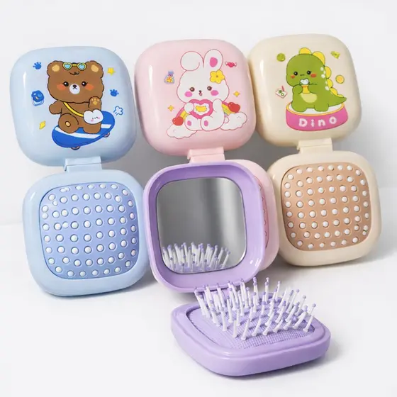 Escova Infantil Mini Dobrável Com Espelho De Bolso Para Cabelo Cerdas Macias Massageadora