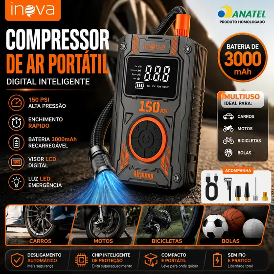 Compressor de Ar Portátil Inova 150 PSI Inflador de Pneu Elétrico Recarregável Digital 3000mAh