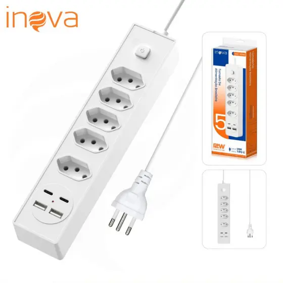 Inova Régua Filtro Linha 4 e 5 Tomadas 2 Metros 2 Usb C 2 Usb A 2500W Dps
