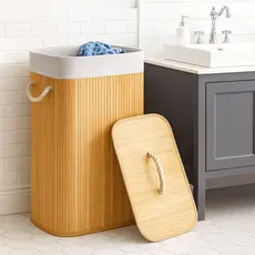 Cesto De Roupas De Bambu Natural Tampa 70L Ecológico Banheiro Multiuso Alças Dobrável Organizador