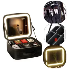 Bolsa Estojo Maleta Organizador Maquiagem Espelho Led Usb Necessaire Couro Sintético Bag Viagem