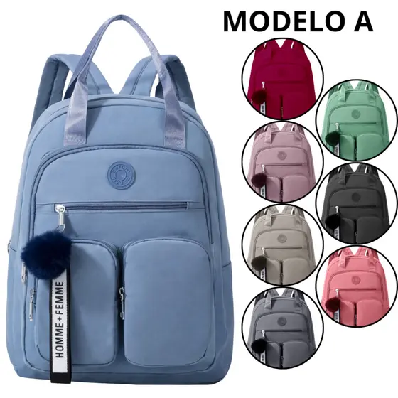 Mochila Bolsa Feminina Tactel Nylon Escola Faculdade Trabalho + Pompom De Brinde