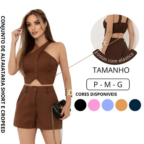 Conjunto Feminino Alfaiataria Premium Social Cropped Short Elegante Estiloso Casual Festa Verão 2026