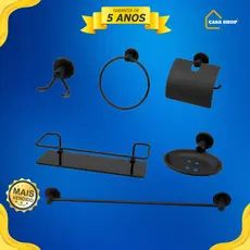 Kit 5 peças para banheiro completo PRETO FUME + porta shampoo prateleira de vidro fume luxo