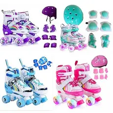 Patins Infantil 4 Rodas Com Luz De LED Arco Íris Ajustável Dinossauro+Kit Proteção e Sem Kit Proteção