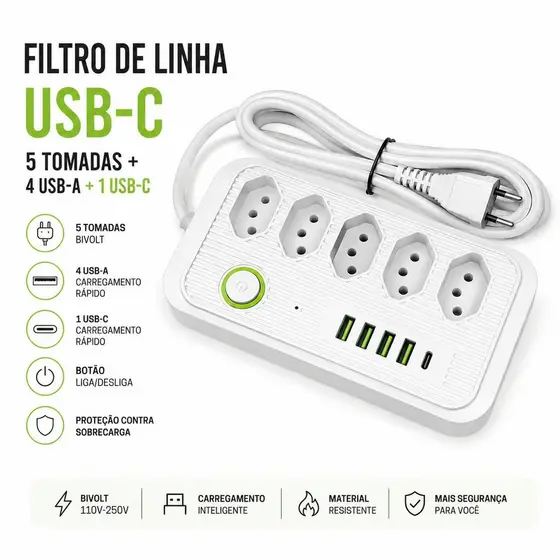 Extensão Elétrica 5 Tomadas 5 USB com USB-C Proteção Contra Sobrecarga Bivolt Premium