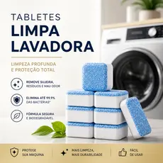 Kit 12 Pastilhas Limpa Máquina Premium Efervescente Elimina Mau Odor Sujeira e 99,9% das Bactérias